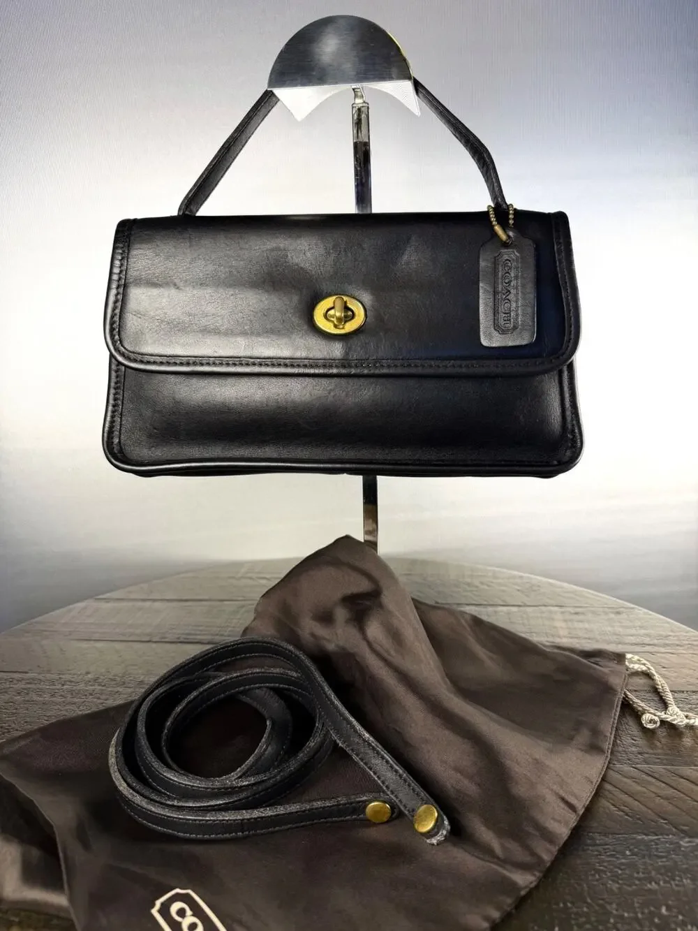 Vintage Coach 9044 Black Leather Geometric Convertible Clutch Bag Crossbody USA